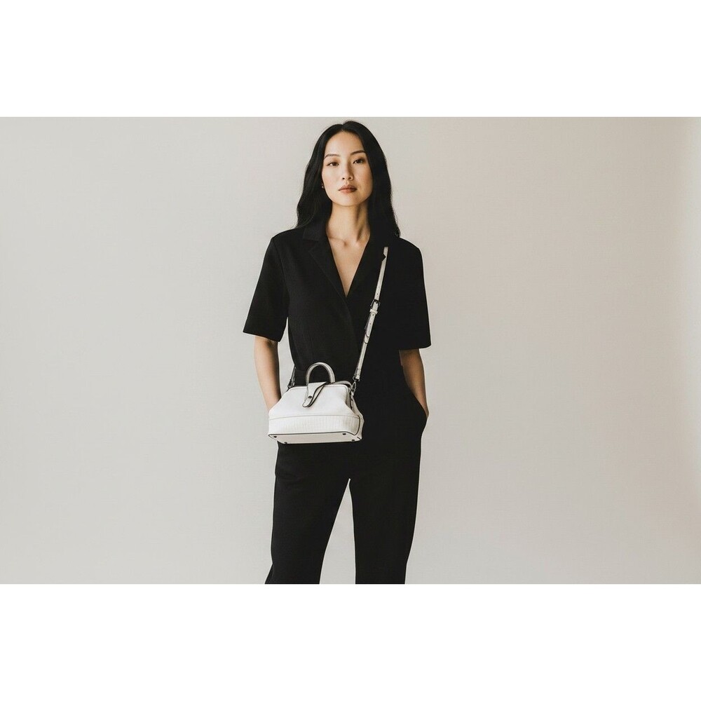 Liz Soto White Vegan Leather Crossbody Bag Retro Polka Dot Geometric Lining